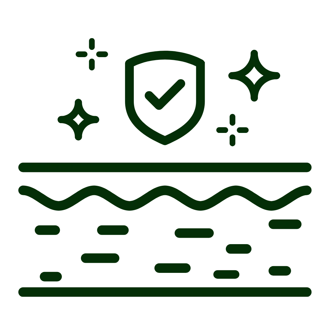 Shield with checkmark and sparkles over layered skin barrier, symbolizing pH-balanced natural skincare protection