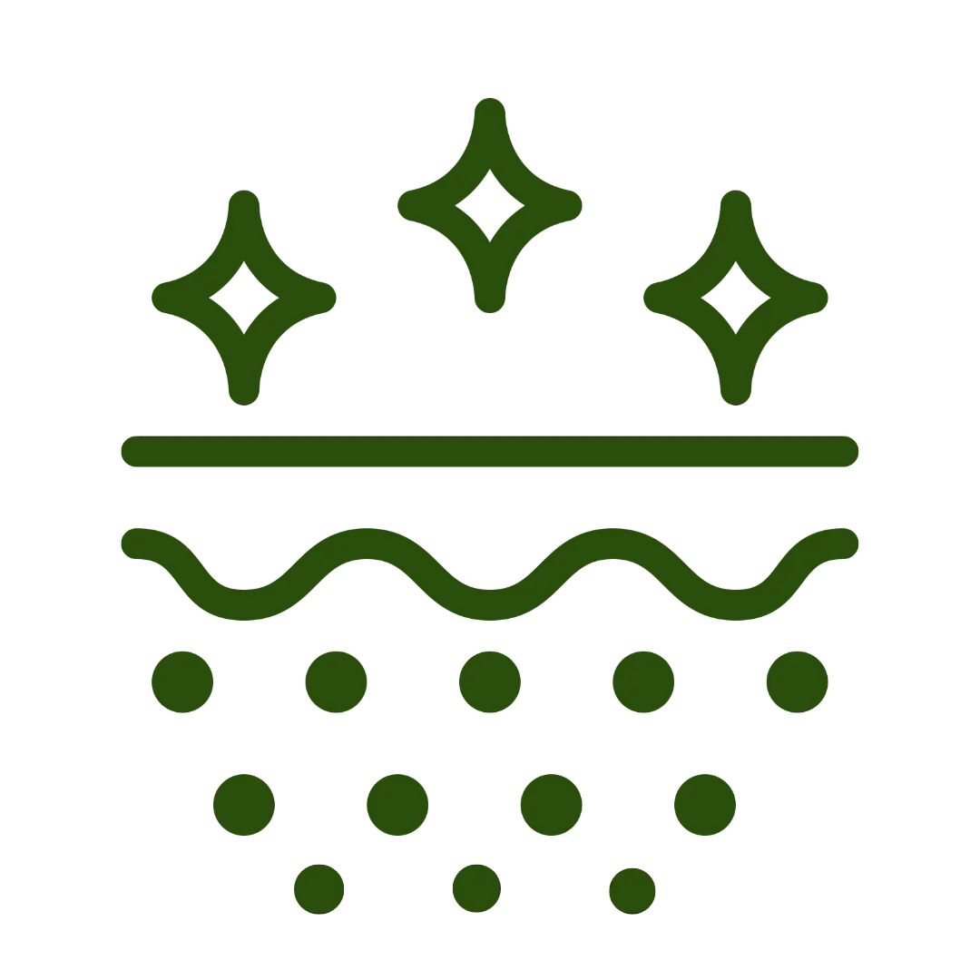 Green icon with sparkles, wavy line, and dots representing natural skincare benefits