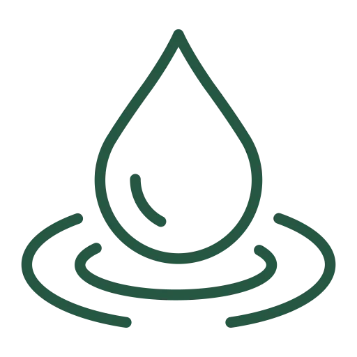 Green line art of a water droplet with swirling lines, symbolizing natural skincare hydration