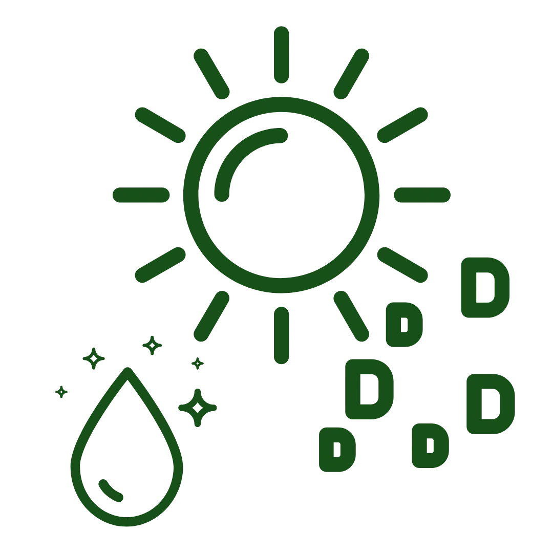 Sun, water droplet, and vitamin D icons for natural skincare benefits